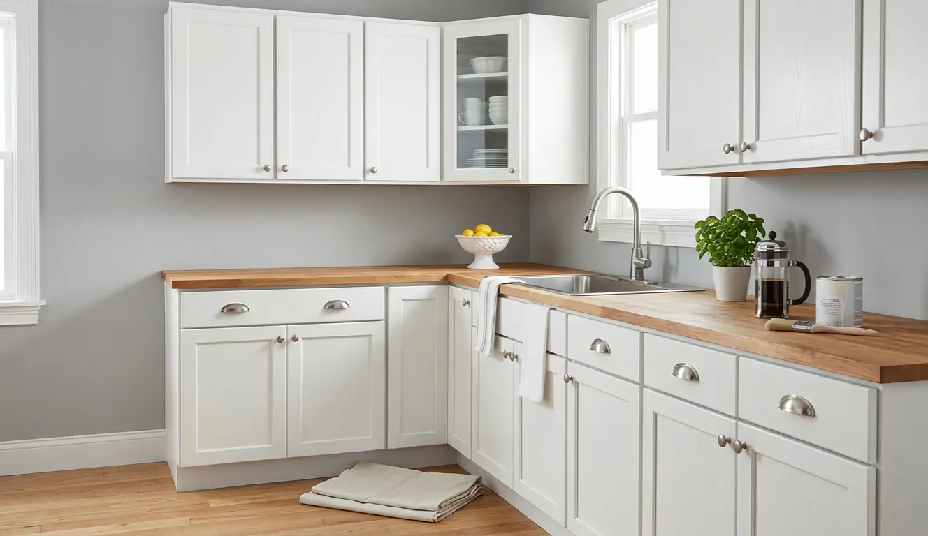 Refinished white kitchen cabinets